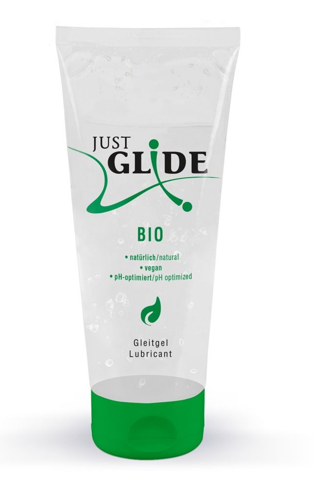 Tubo di gel lubrificante Just Glide Bio con sigillo 'Original sehr gut dermatest'.