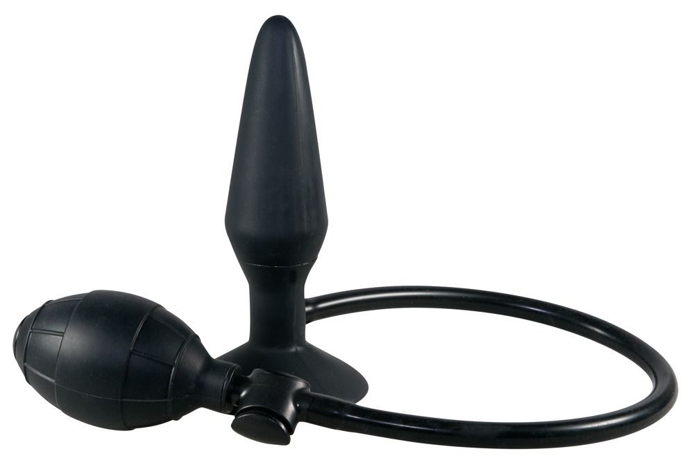 Plug anale gonfiabile in silicone con pompa integrata, isolato su sfondo bianco.