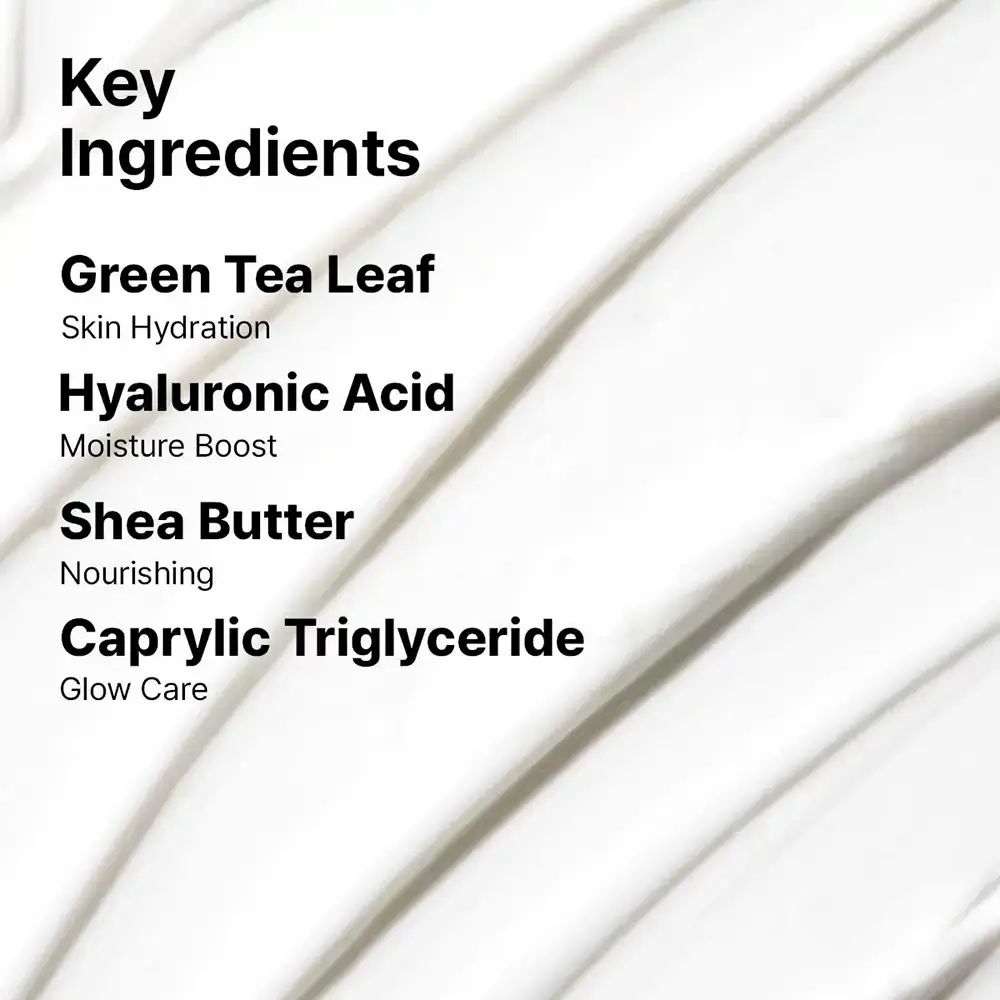 Testo su sfondo bianco: Key Ingredients. Ingredienti: Green Tea Leaf, Hyaluronic Acid, Shea Butter, Caprylic Triglyceride.
