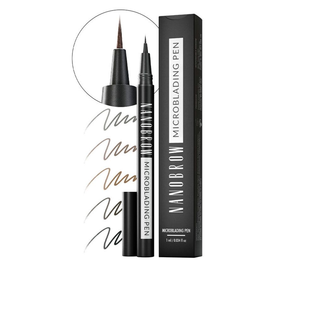 Penna, confezione e campioni di colore. Scritta: Nanobrow Microblading Pen. Diverse tonalità di marrone.