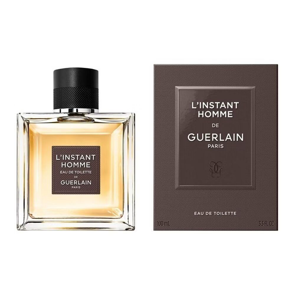 Flacone e confezione di Guerlain l'Instant Homme Eau de Toilette. Flacone quadrato, confezione marrone con logo.