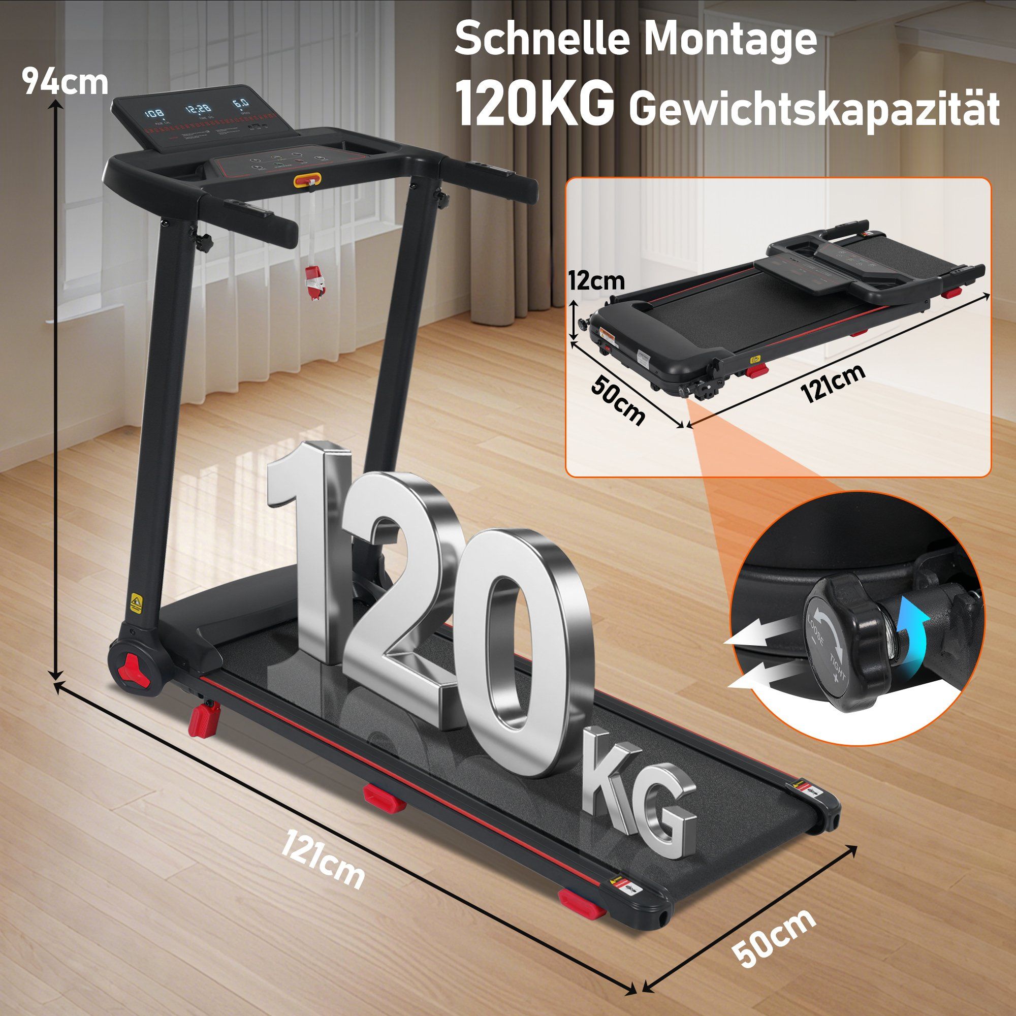 Tapis roulant pieghevole con inclinazione dell'8%, motore da 3.0 HP e velocità massima di 14 km/h