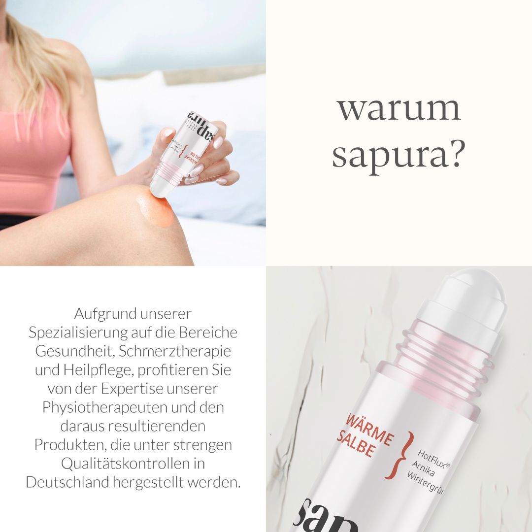 Due immagini. Sinistra: persona applica roll-on sul ginocchio. Destra: flacone roll-on con tappo bianco, anello rosa ed etichetta bianca. Marchio: sapura.