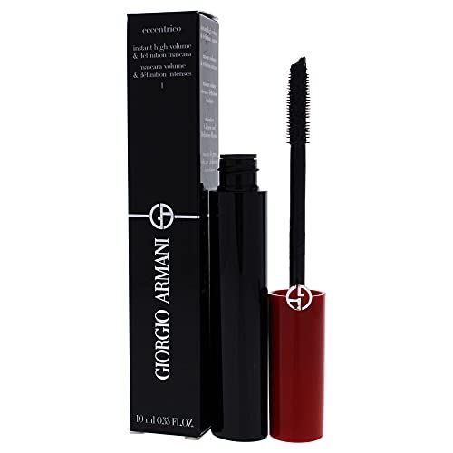 Mascara nero con spazzola, tappo rosso, confezione nera con testo bianco. Logo Giorgio Armani.