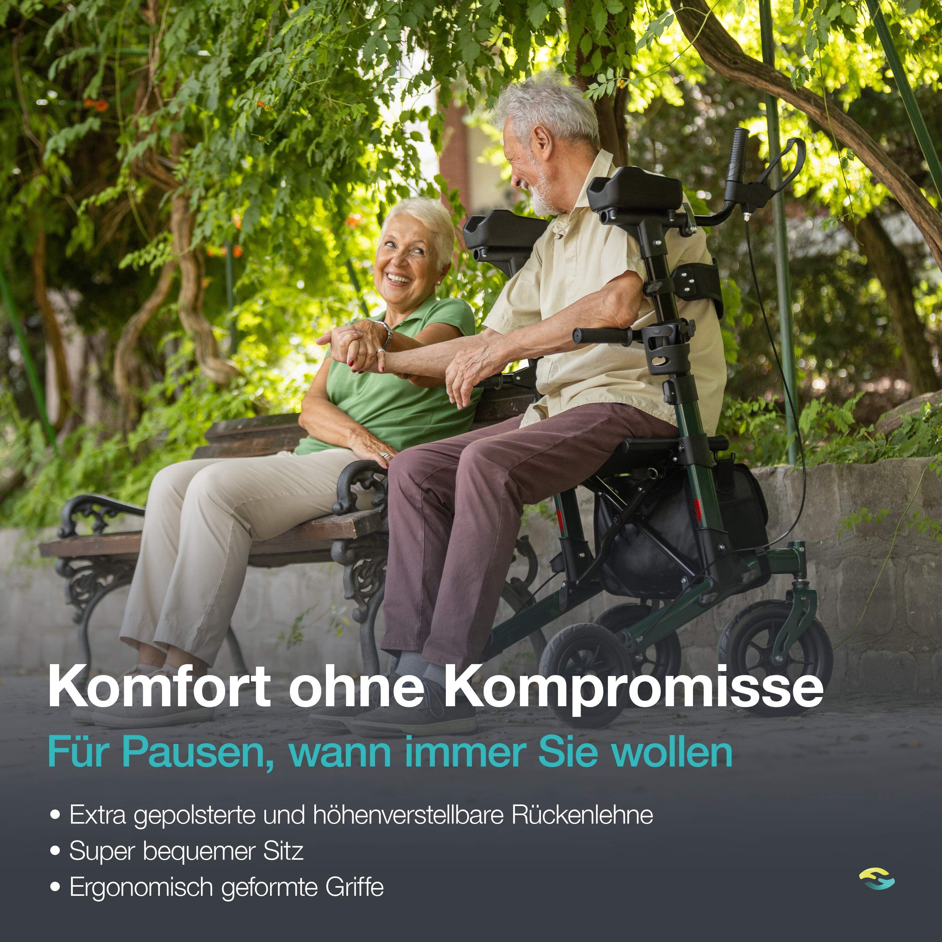 Coppia anziana seduta su una panchina del parco accanto a un rollator verde. Sedile comodo.