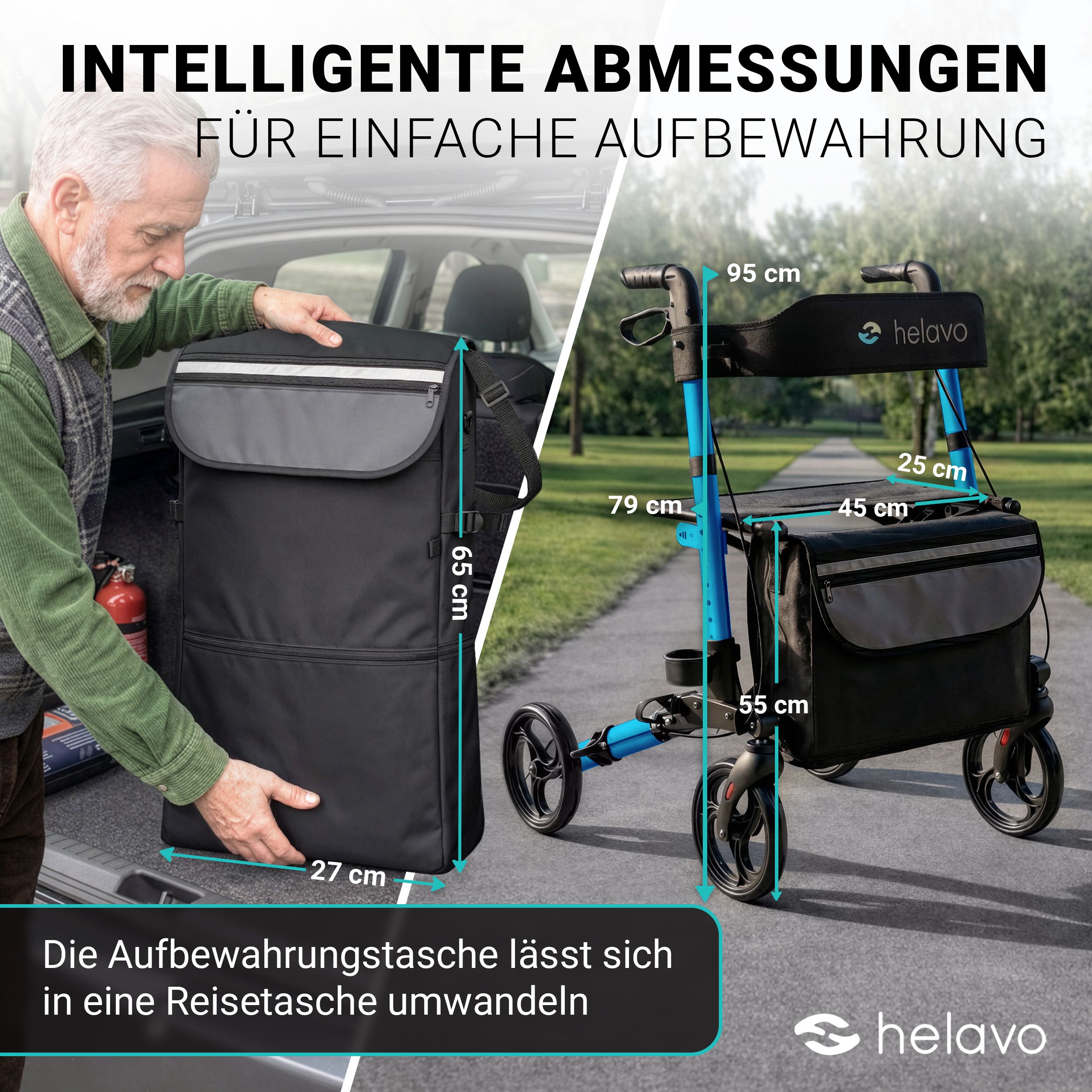 Borsa portaoggetti per rollator trasformabile in borsa da viaggio, dimensioni 65x27 cm.