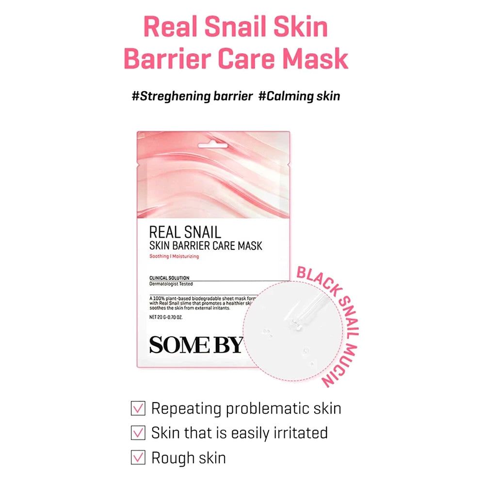 Maschera SOMEBYMI Real Snail Skin Barrier Care con testo sul rafforzamento della barriera cutanea e lenitivo.