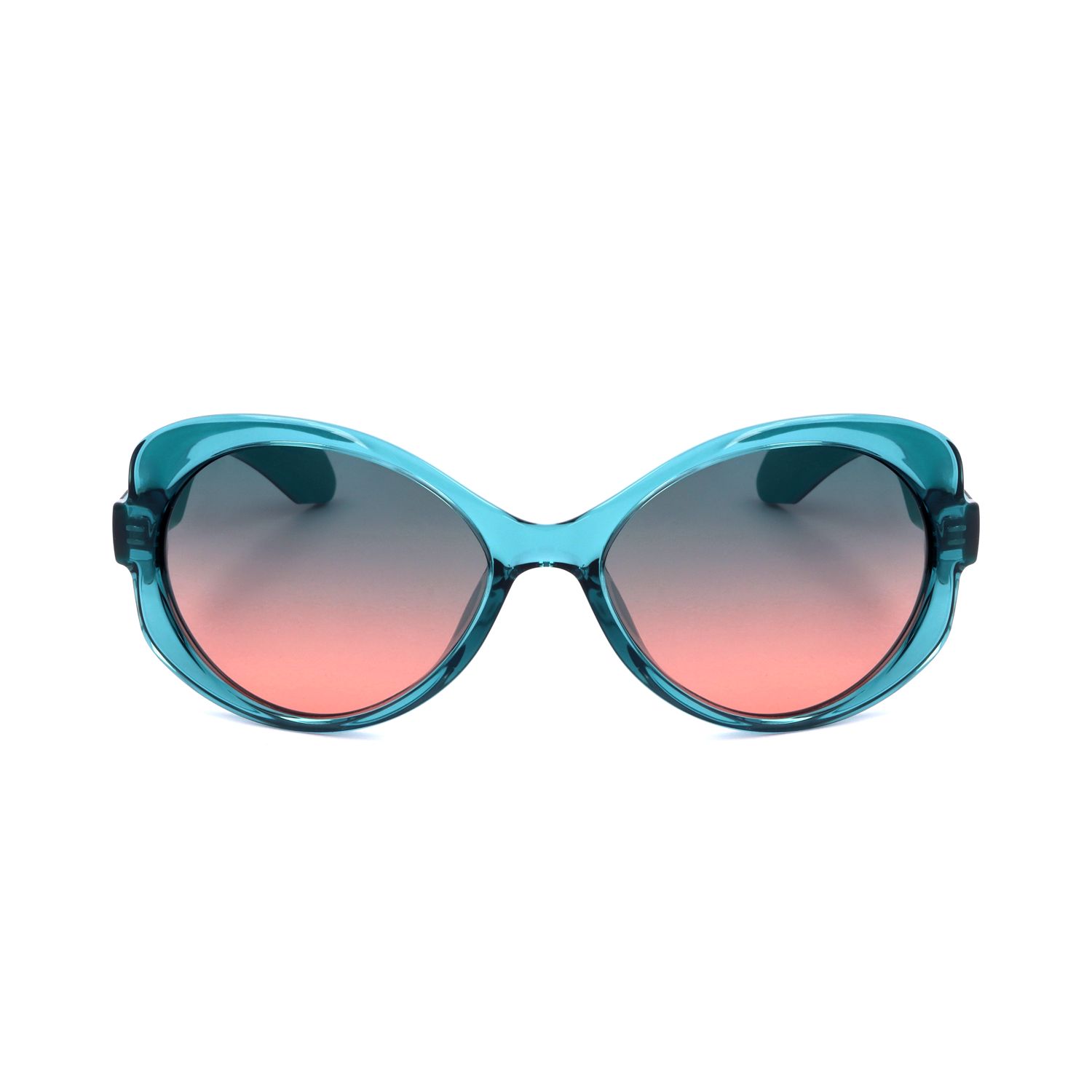 Occhiali da sole da donna blu turchese con montatura oversize curva e lenti sfumate.