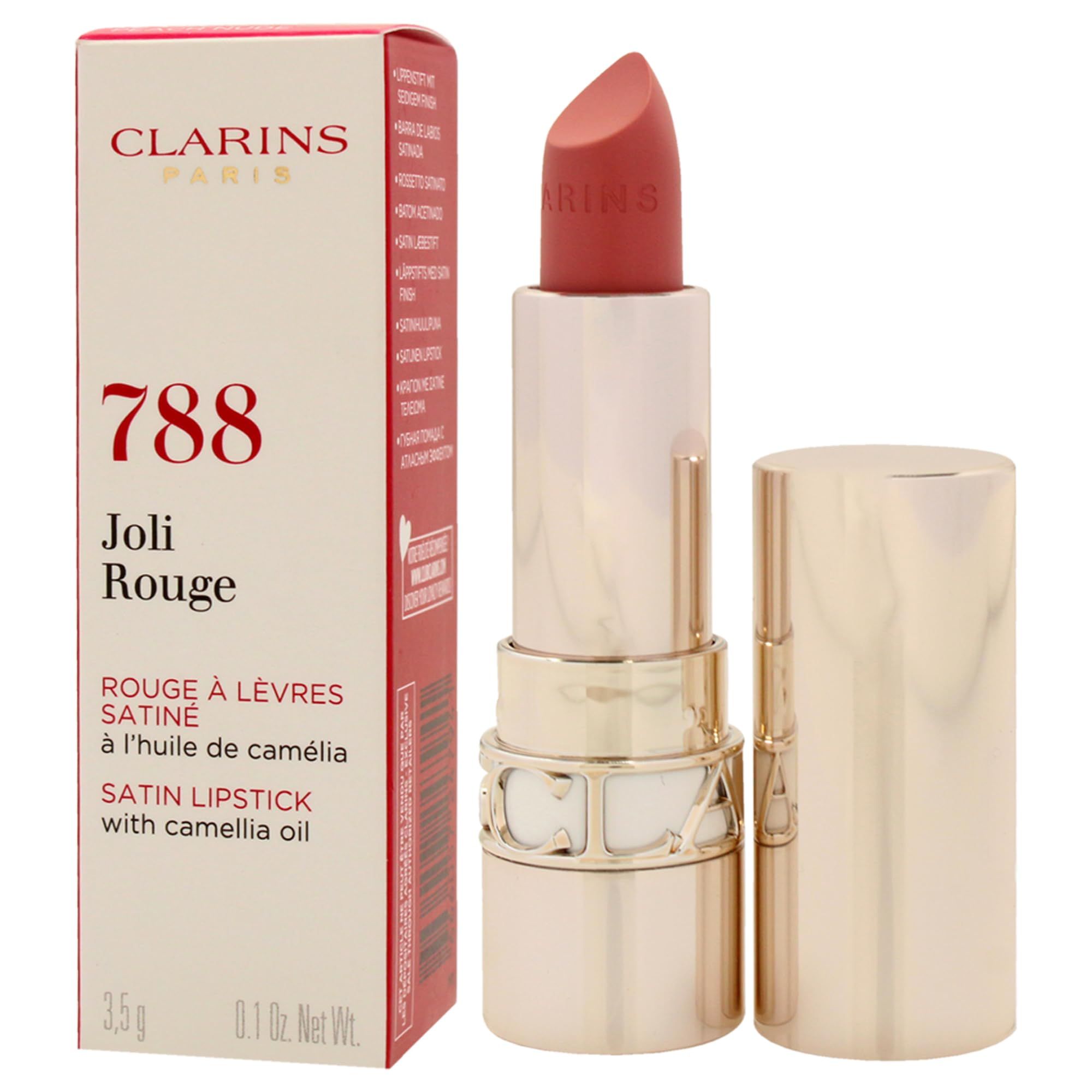 Rossetto e confezione. Sulla confezione sono indicati Clarins, 788, Joli Rouge, Rouge à Lèvres Satiné. Il rossetto è rosso-marrone.
