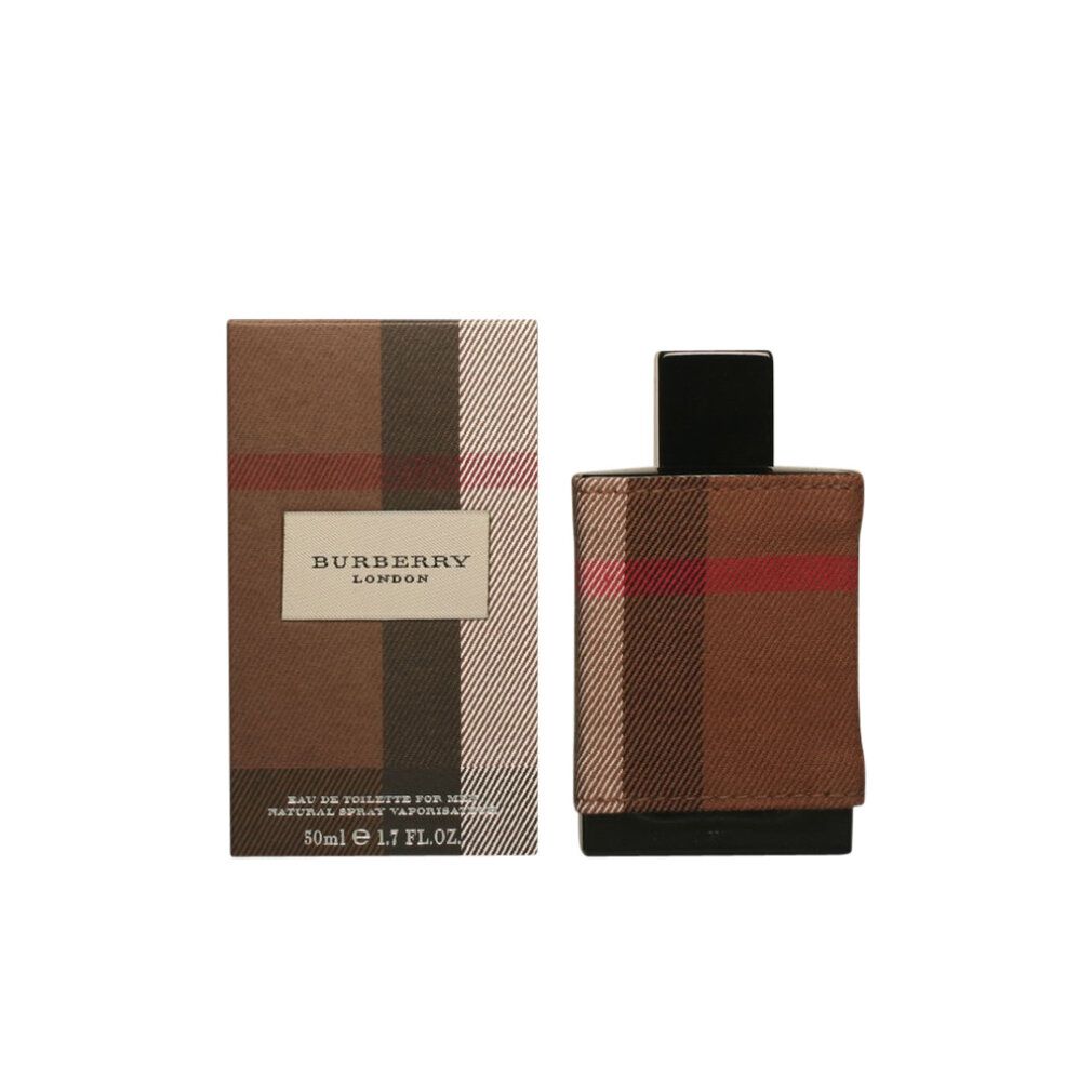 Burberry London Men Eau de Toilette Spray. Flacone rettangolare con tessuto a quadri. Confezione rettangolare con logo.