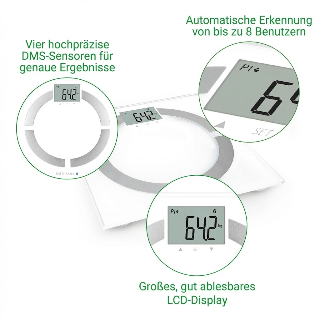 Bilancia di analisi corporea bianca con quattro sensori, display LCD e connessione smartphone.