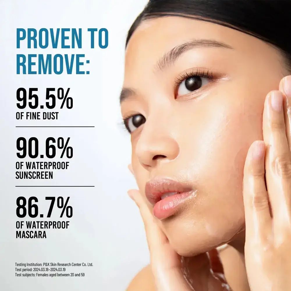 Volto di donna. Testo: 95,5% polvere sottile, 90,6% protezione solare waterproof, 86,7% mascara waterproof.