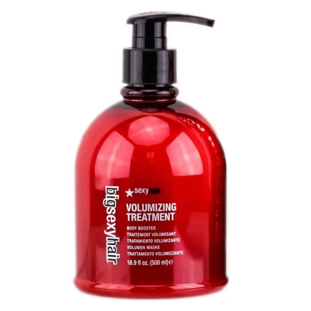 Flacone rosso con dosatore nero. Scritta "bigsexyhair" e "VOLUMIZING TREATMENT".
