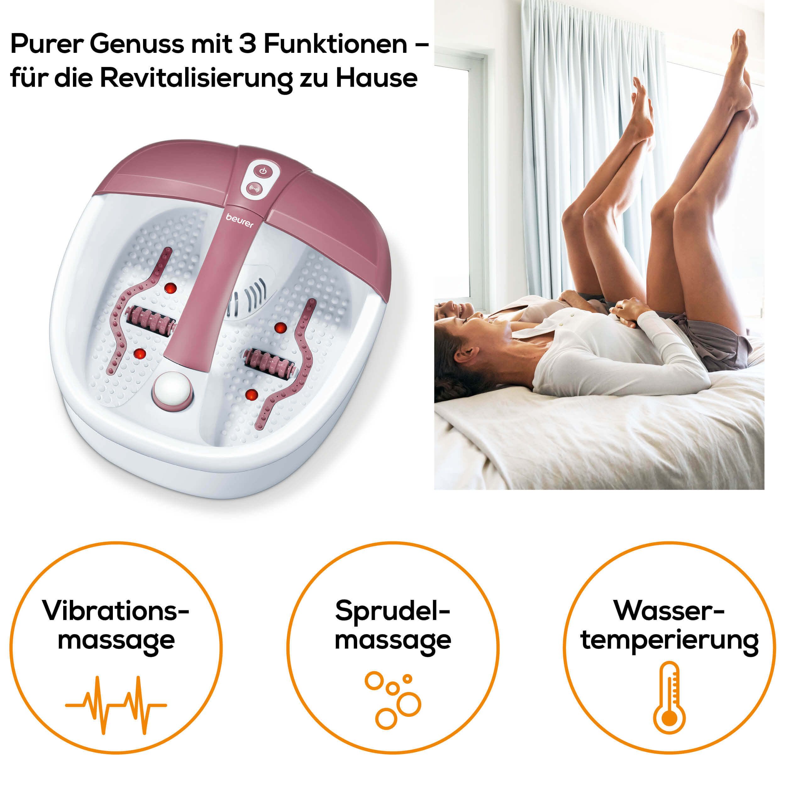Idromassaggio per piedi bianco-rosa, con rulli. Funzioni: massaggio a vibrazione, massaggio a bolle, termoregolazione. Marca: beurer.