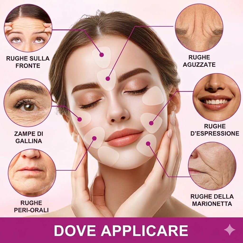 Viso di donna con patch antirughe. Aree: fronte, zampe di gallina, rughe del cipiglio, rughe del sorriso, rughe della marionetta, rughe periorali.