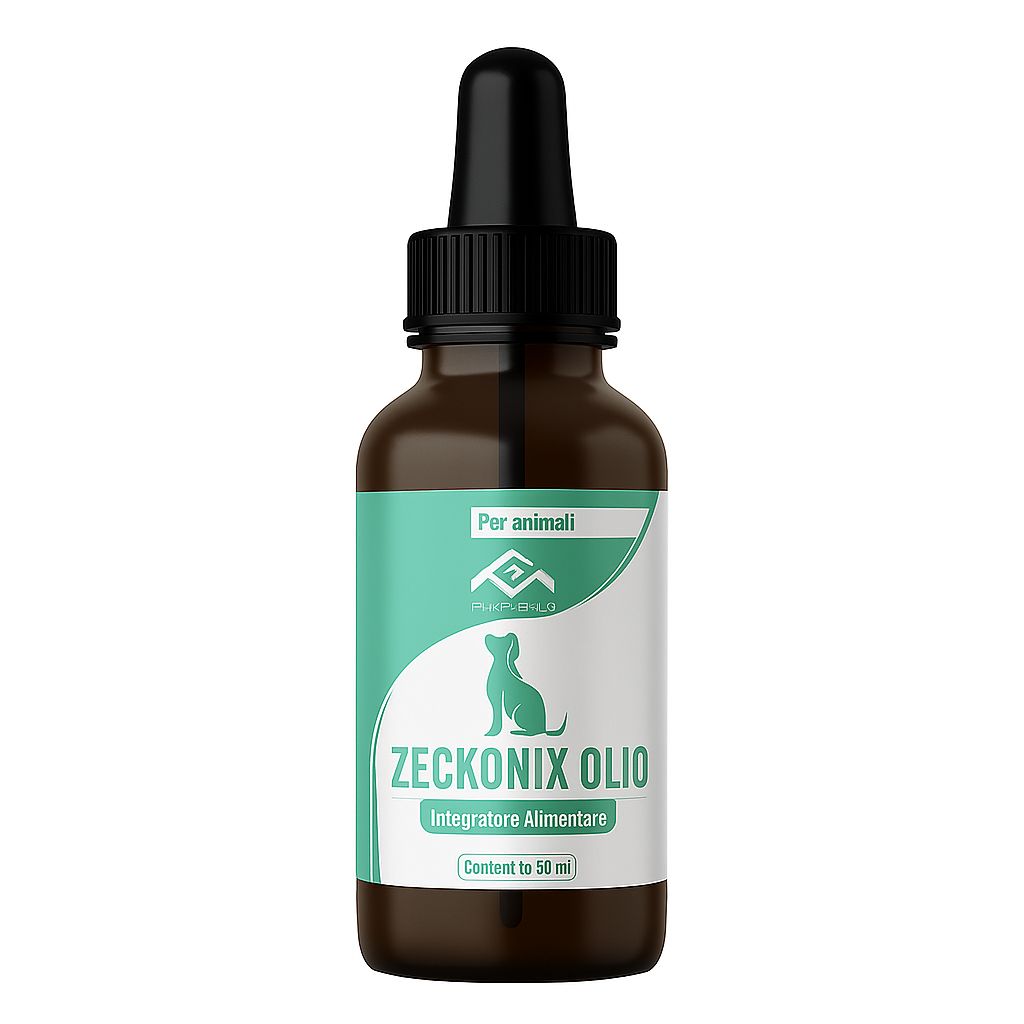 Flacone in vetro marrone con contagocce, etichetta con silhouette di cane e scritta "Zeckonix Olio Integratore Alimentare".