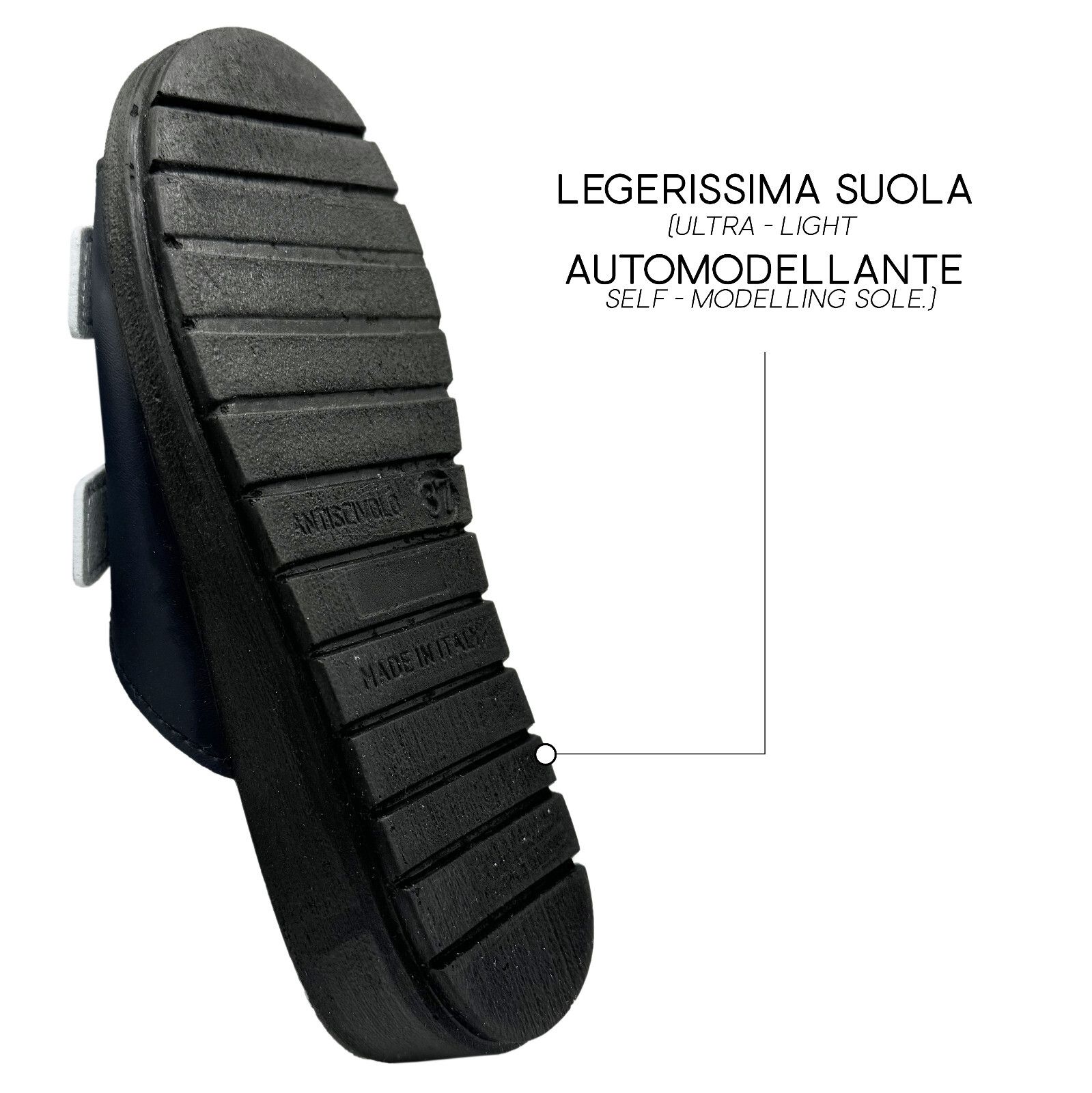 Primo piano della suola di un sandalo. Testo: Leggerissima Suola, Automodellante. Suola nera scanalata.
