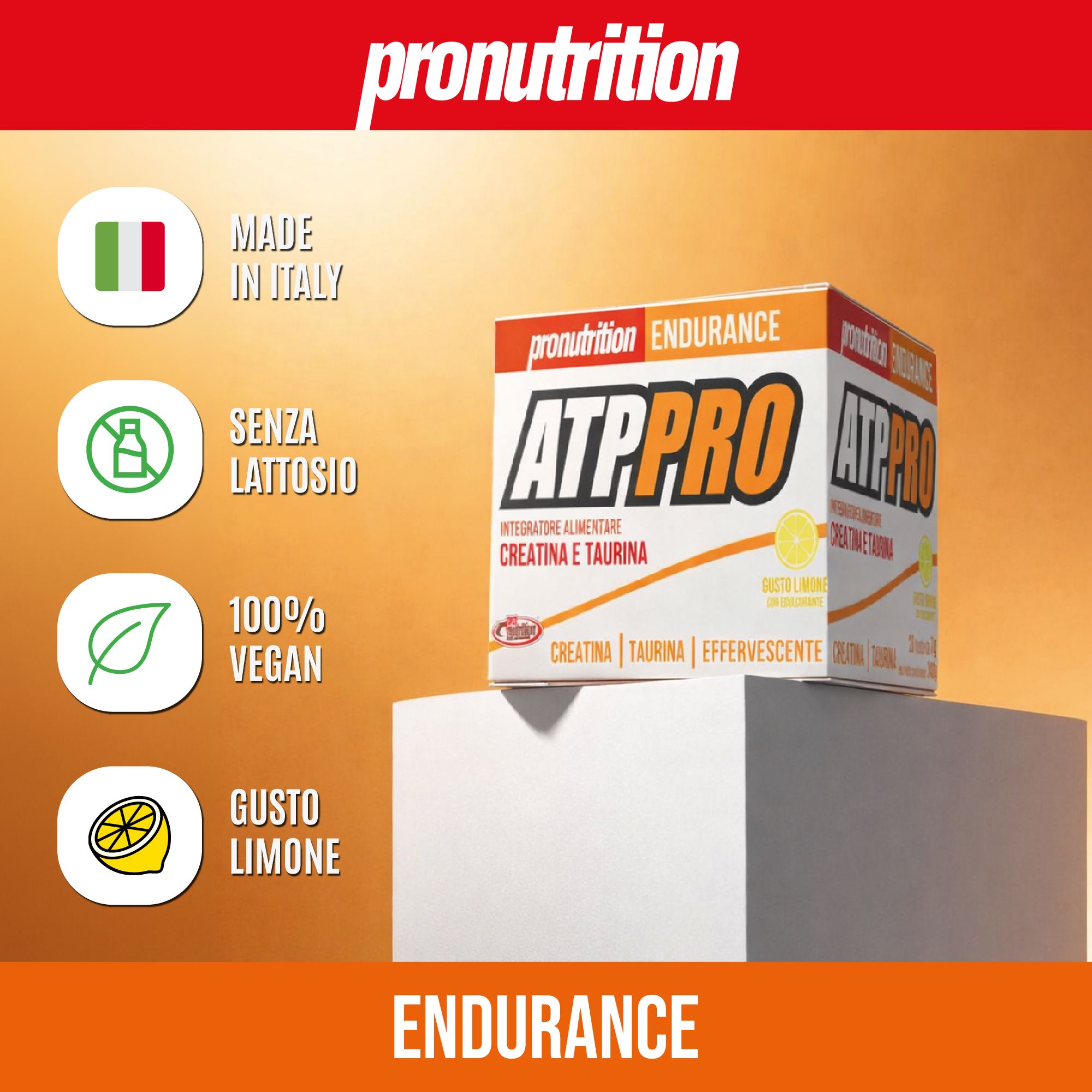 Confezione prodotto con bandiera italiana, testo: Senza Lattosio, 100% Vegan, Gusto Limone.