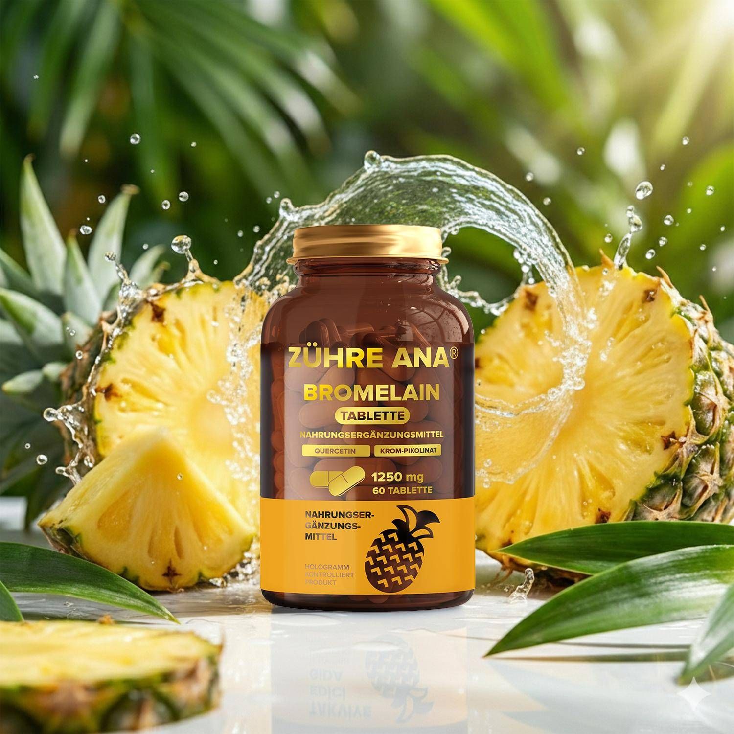 Bottiglia di compresse di bromelina Zühre Ana con ananas e spruzzi d'acqua, che evocano freschezza.