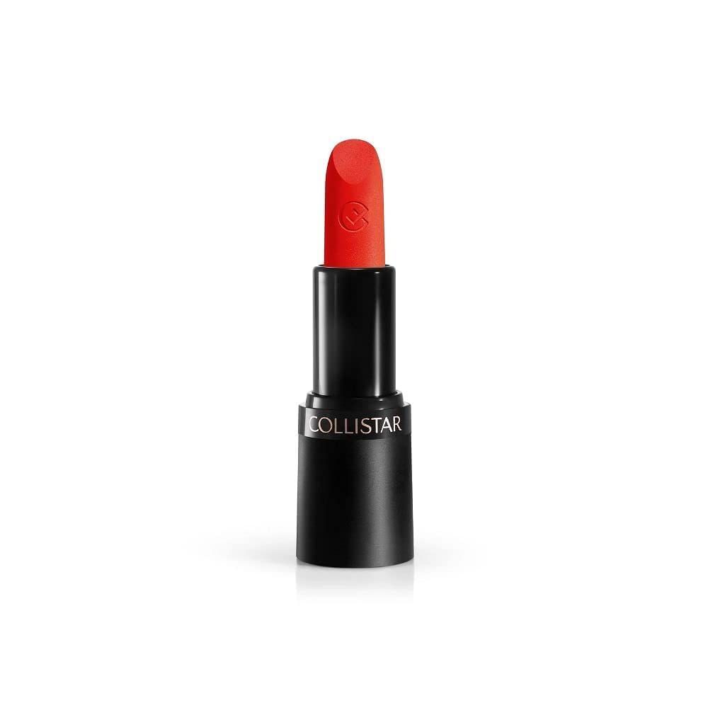 Rossetto rosso, astuccio nero, marchio Collistar. Aperto, stick visibile. Su sfondo bianco.