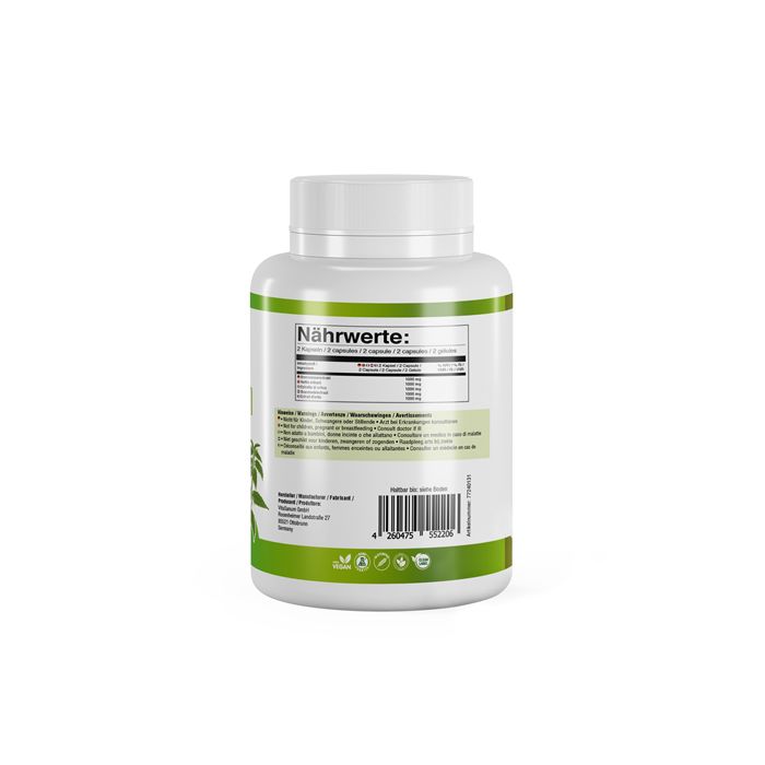 Flacone bianco con etichetta verde. Scritta: Valori nutrizionali. Contiene informazioni su ingredienti e valori nutrizionali.