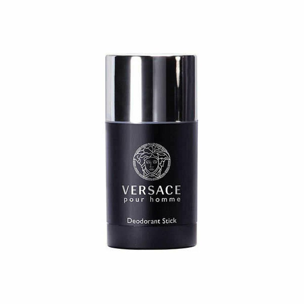 Stick deodorante nero con tappo argentato. Scritta: VERSACE pour homme, Deodorant Stick. Logo: testa di Medusa.