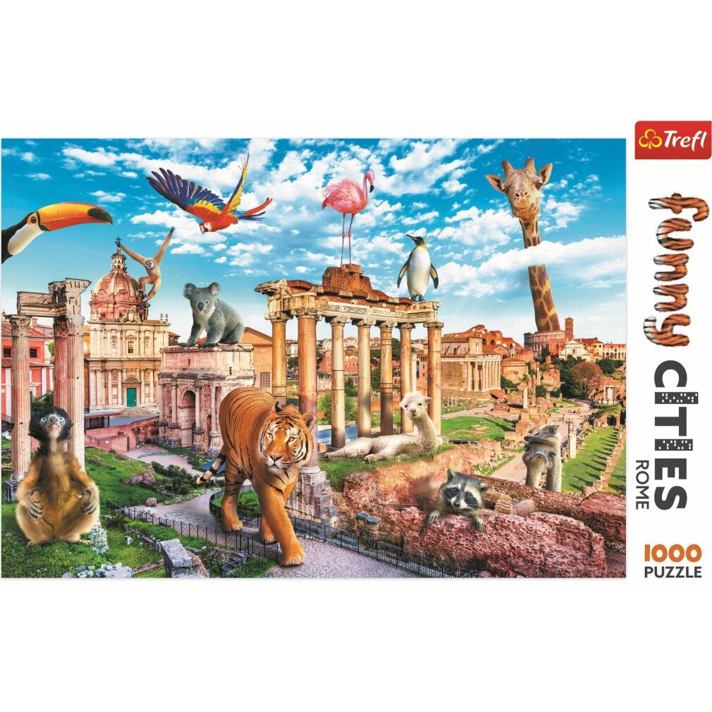 Scatola di puzzle con scena romana e animali. Scritte: Funny Cities, Trefl, 1000 pezzi. Raffigurati: tigre, fenicottero, koala, pinguino, scimmia.