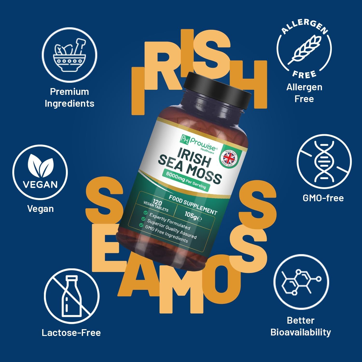 Flacone di Prowise Irish Sea Moss Tabletten. Scritta: 120 compresse vegane, 105g. Loghi: Vegano, senza allergeni, senza OGM, senza lattosio, migliore biodisponibilità.