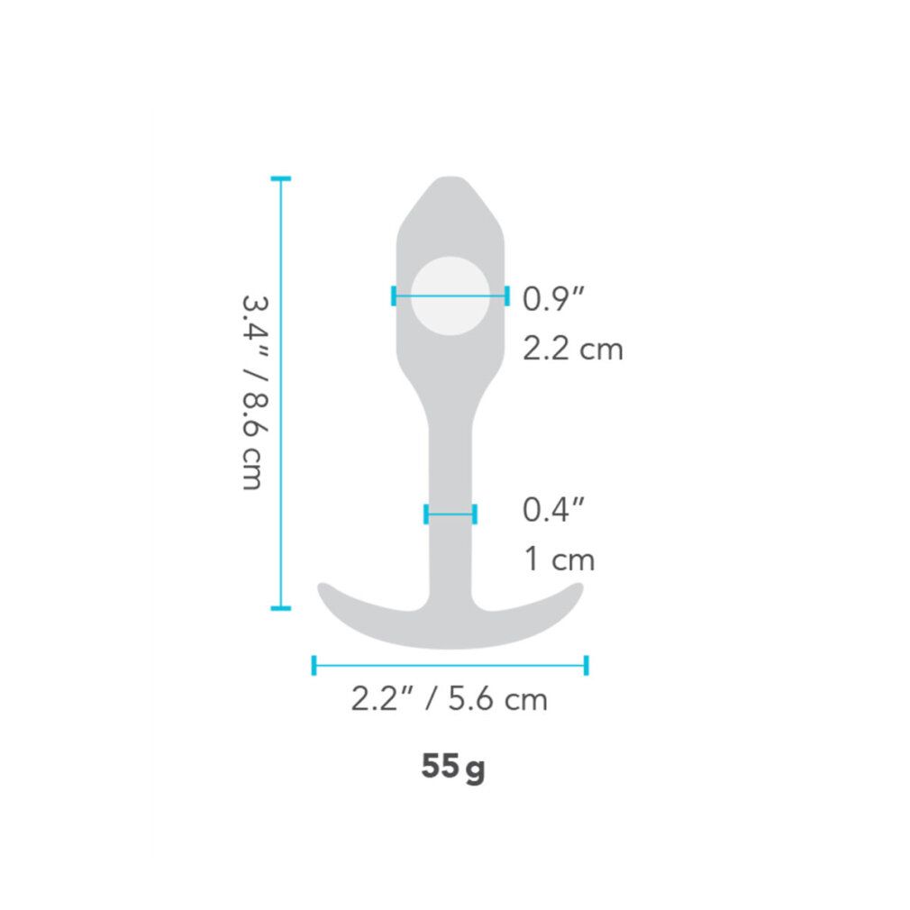 Diagramma delle dimensioni di Snug Plug 1. Altezza: 8,6 cm, larghezza: 5,6 cm, peso: 55g.