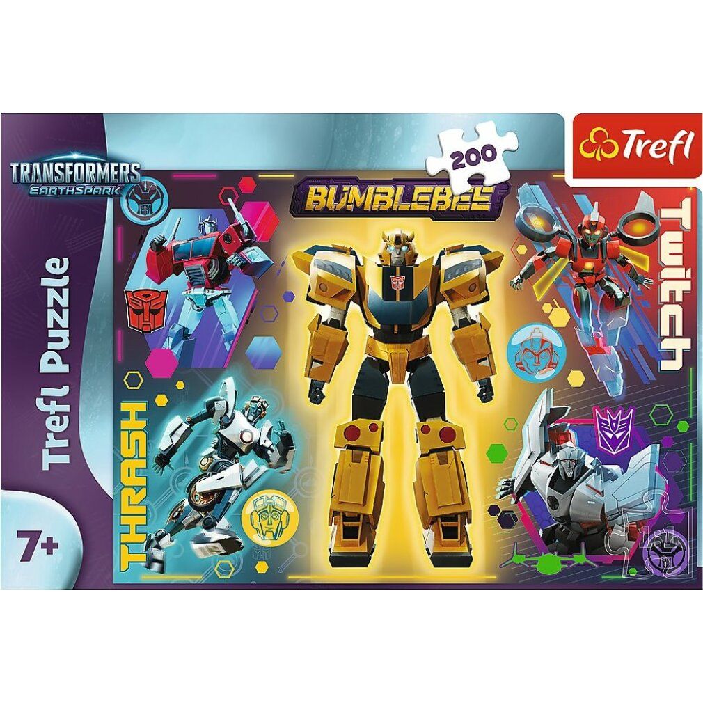 Puzzle Trefl, 200 pezzi, tema Transformers. Confezione con robot gialli e blu. Età consigliata 7+.