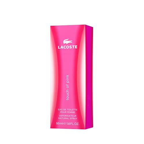 Confezione rosa Lacoste Touch of Pink. Logo e testo. Testo: Eau de Toilette, Pour Femme, Natural Spray, 50ml 1.6 fl.oz.