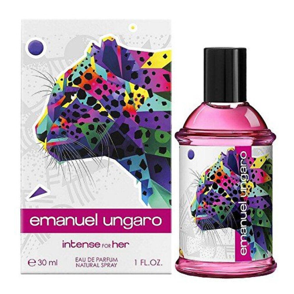 Flacone e confezione di profumo con motivo leopardo. Scritta: Emanuel Ungaro, Intense for Her, 30 ml.