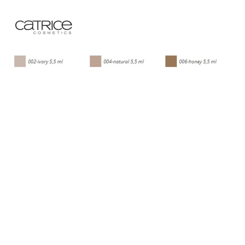 Catrice Cosmetics. Tonalità: 002-ivory 5,5 ml, 004-natural 5,5 ml, 006-honey 5,5 ml. Informazioni sul prodotto su sfondo bianco.