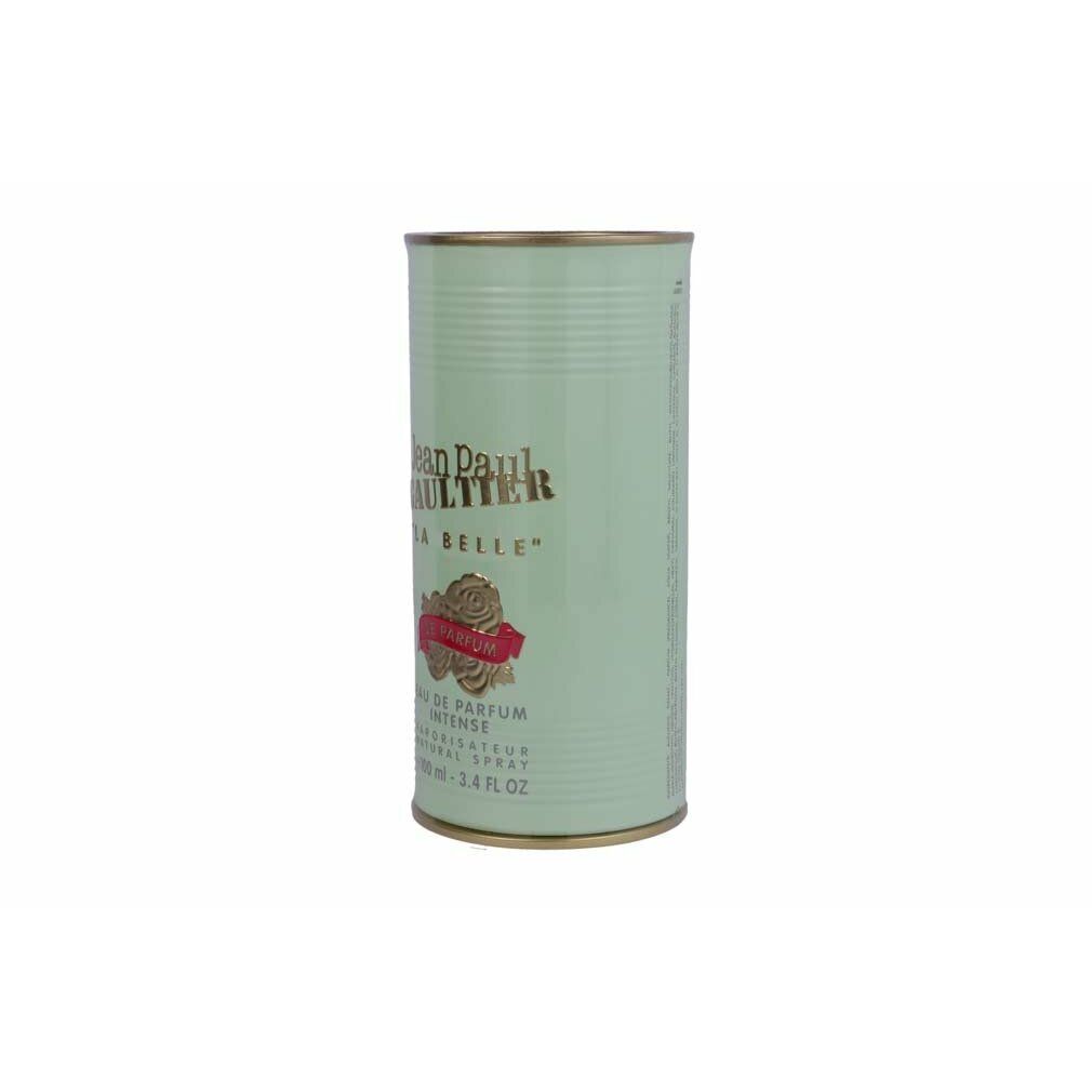 Scatola cilindrica verde con scritta Jean Paul Gaultier La Belle Le Parfum.