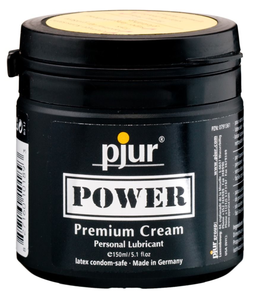 Barattolo nero con coperchio giallo. Scritta: pjur, POWER Premium Cream, Personal Lubricant. 150ml/5.1 fl oz. Made in Germany.