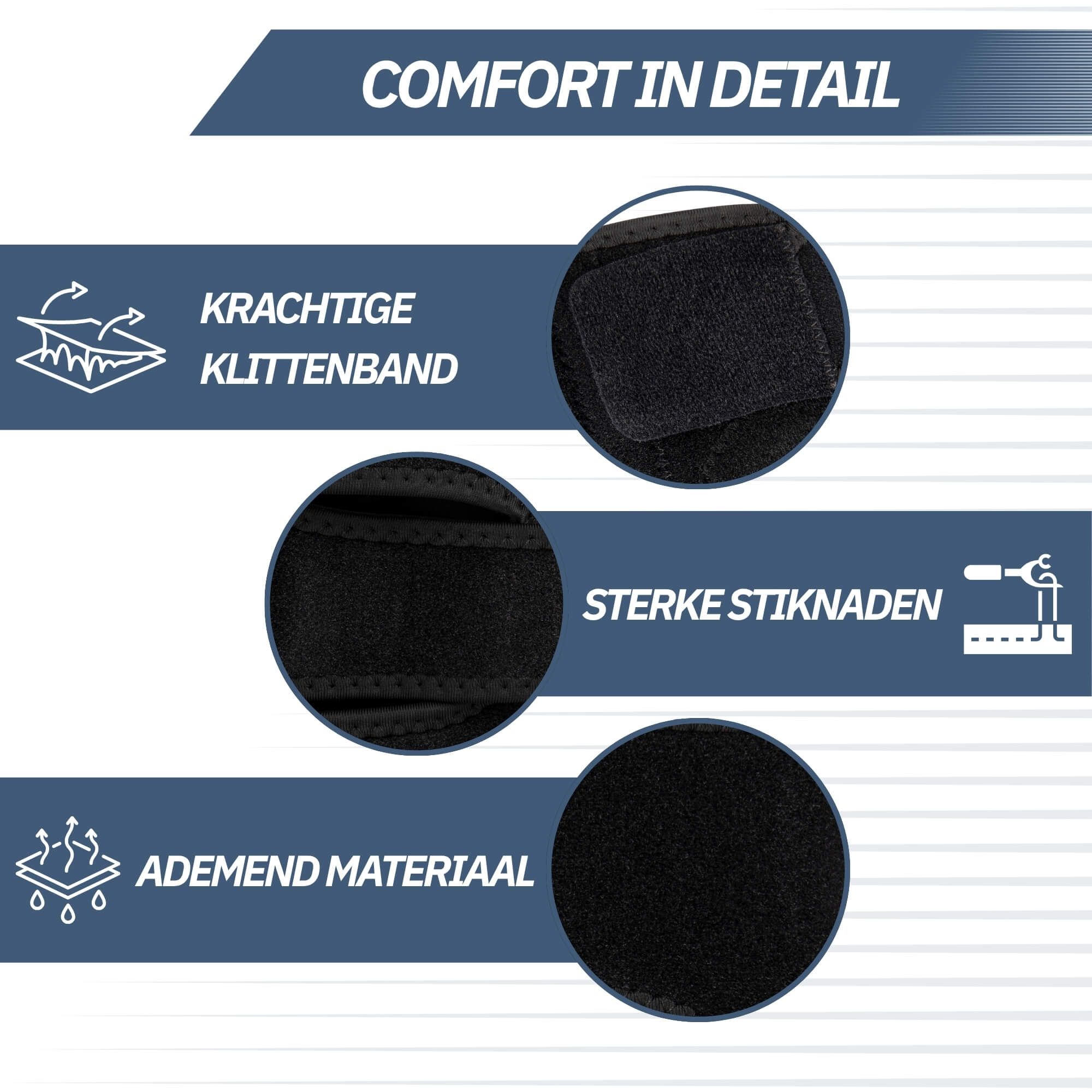 Fascia nera per ginocchio con chiusura in velcro e cuciture rinforzate. Materiale traspirante.