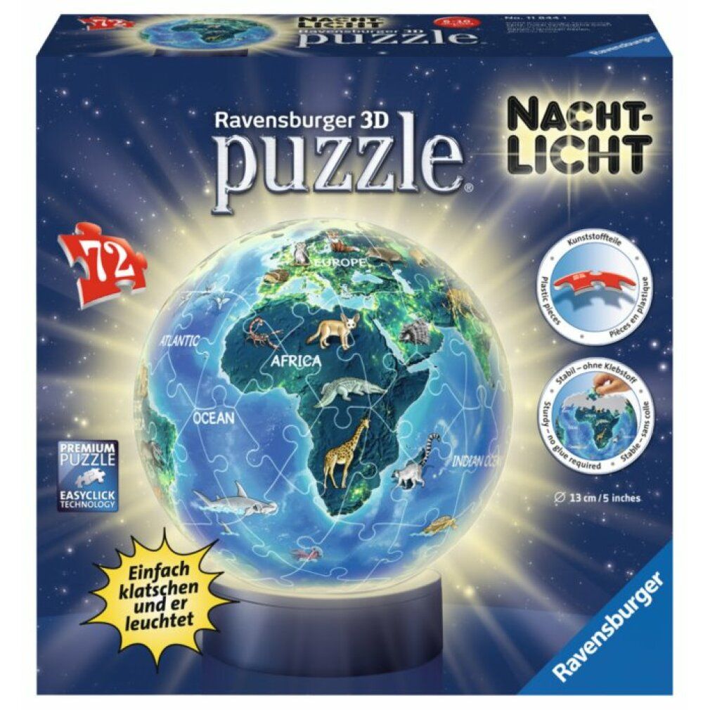 Confezione puzzle Nachtlicht. 72 pezzi, puzzle a globo con animali. Diametro 13 cm. Logo Ravensburger. Basta battere le mani e si illumina.