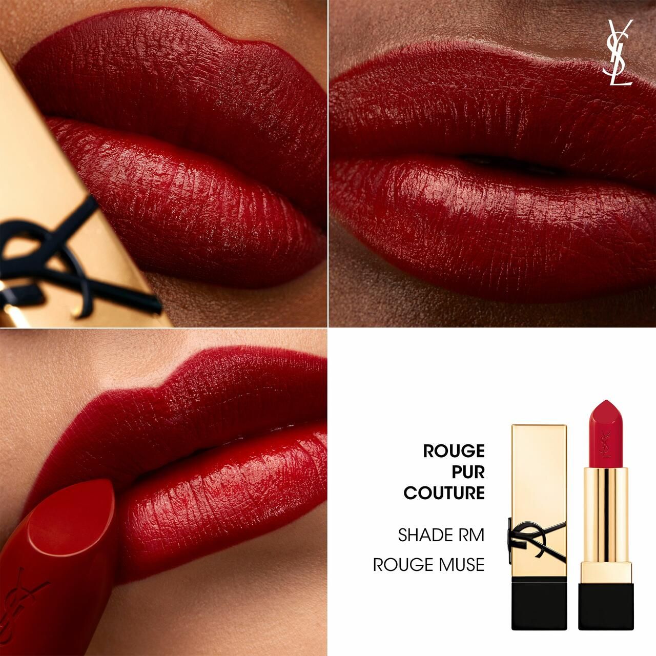 Collage: labbra con rossetto rosso, rossetto e confezione. Logo YSL e nome del prodotto.