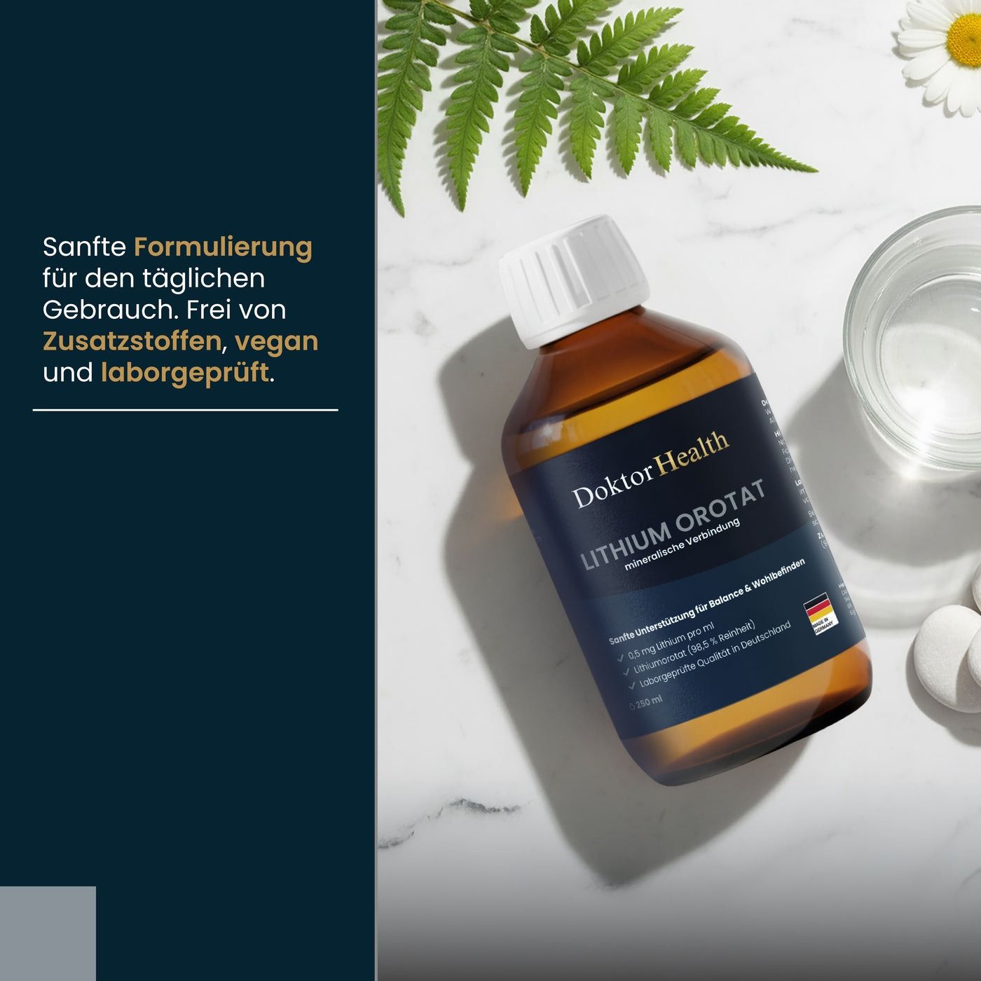 Bottiglia marrone Doktor Health Lithium Orotat su marmo bianco. Testo: Formulazione delicata, vegana, testata in laboratorio. Sfondo: acqua, pietre.