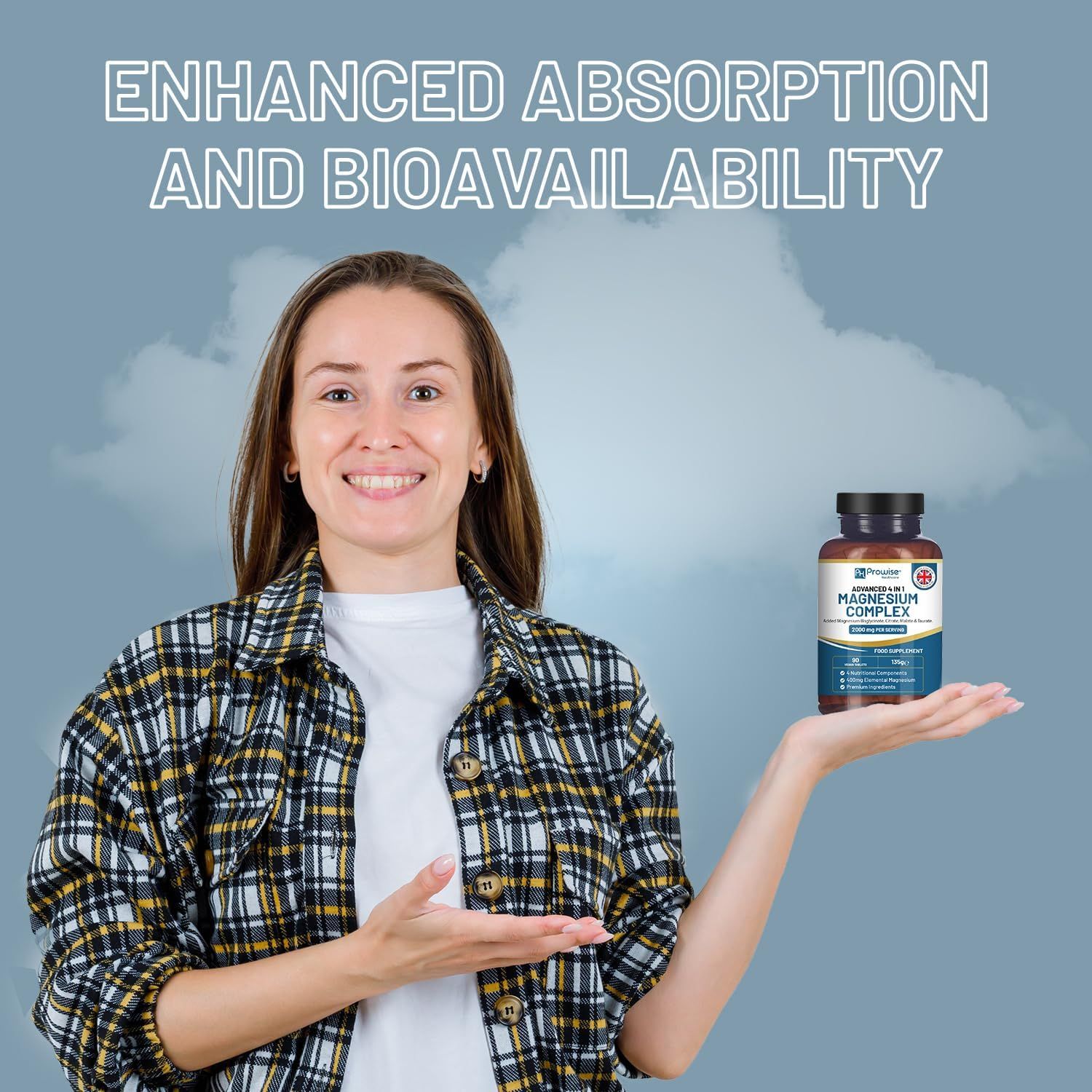 Donna tiene un flacone di Magnesium Complex. Sfondo azzurro. Scritta: Enhanced Absorption and Bioavailability.