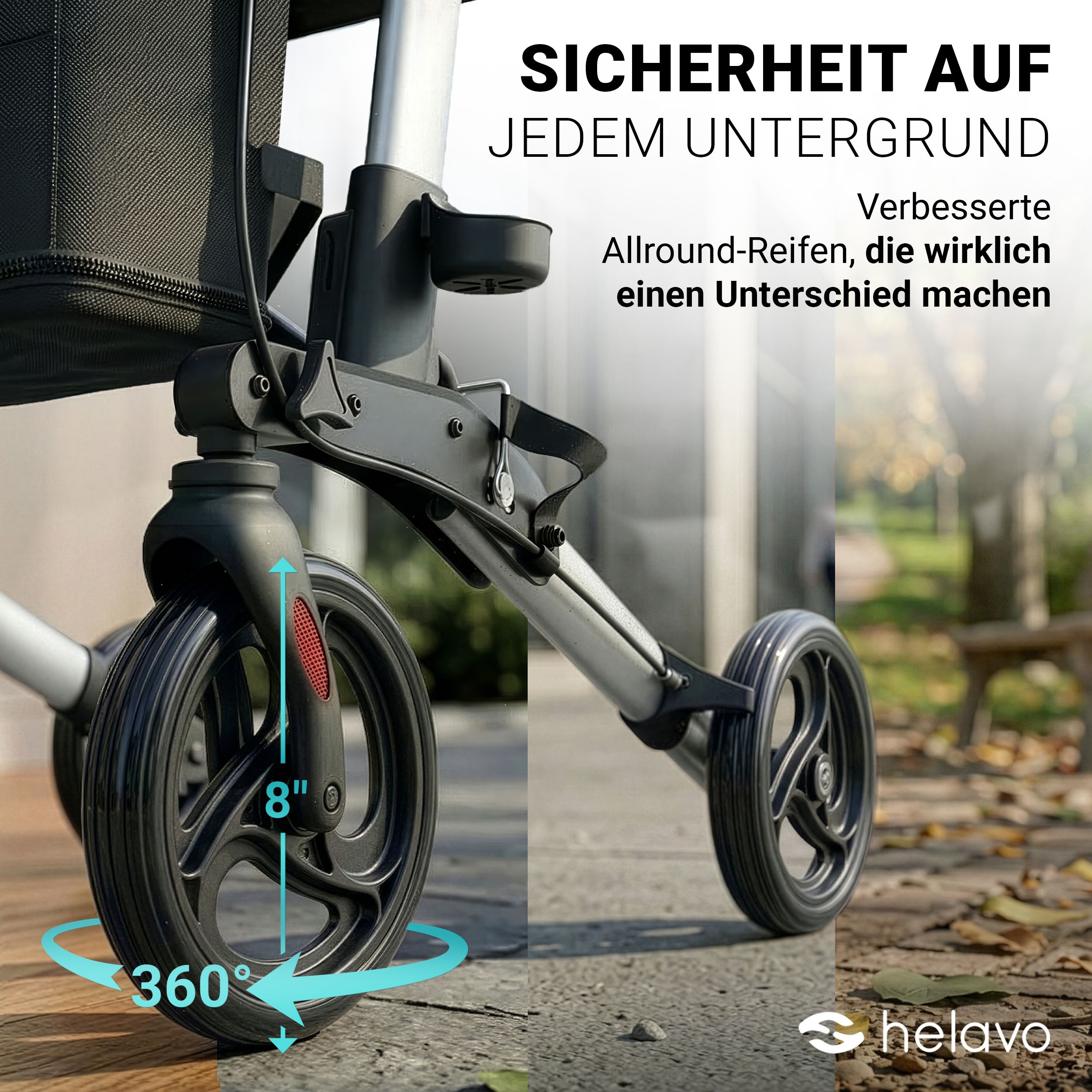 Primo piano della ruota di un rollator da 8 pollici, rotazione a 360 gradi.