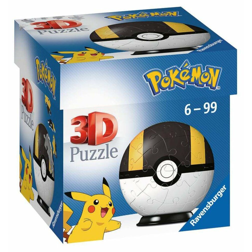 Confezione per puzzle 3D a sfera. Scatola blu con motivi Pokémon. Stampato: Puzzle 3D, Pokémon, età consigliata 6-99.