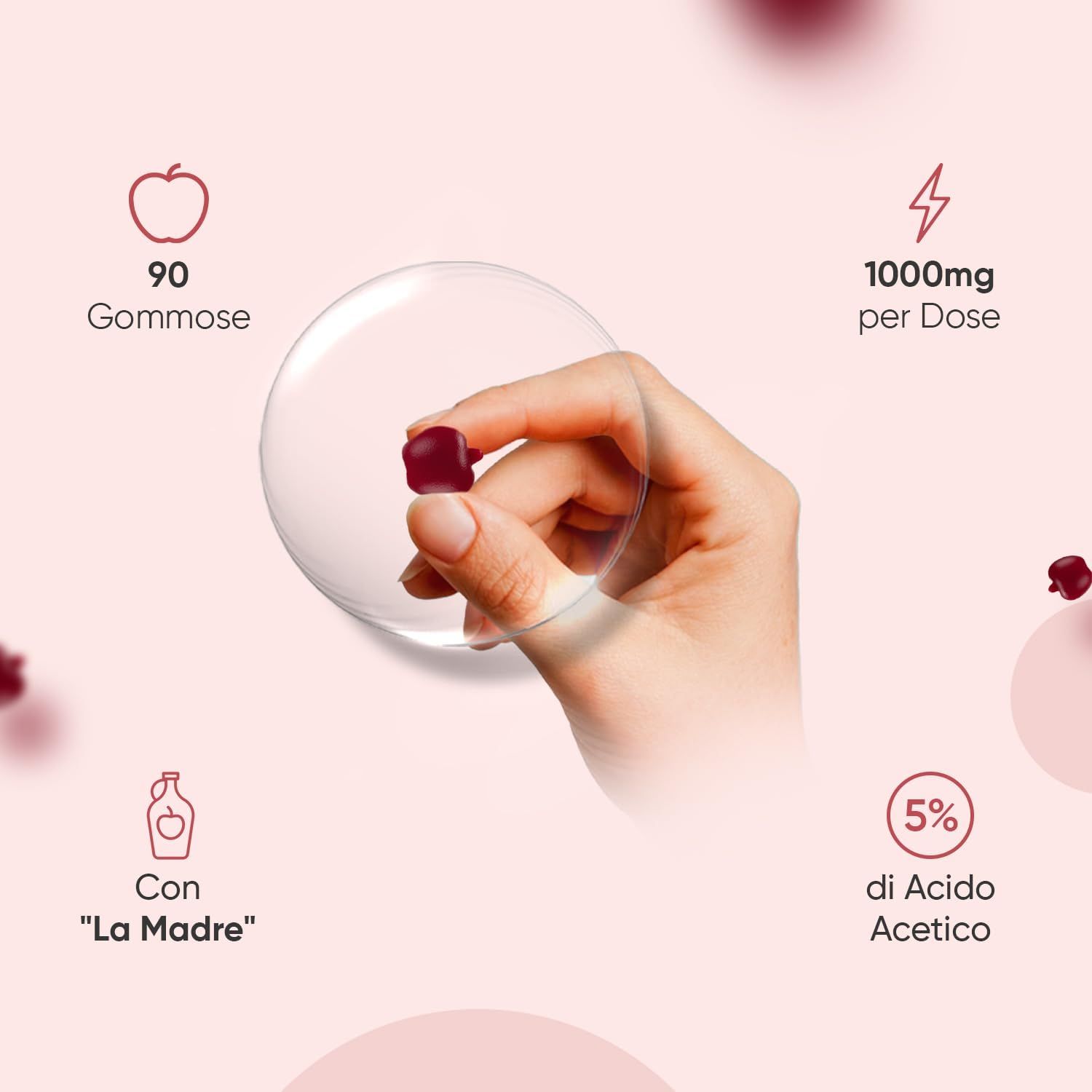 Mano che tiene una caramella gommosa rossa. Testo: 90 caramelle gommose, 1000mg per dose, 5% di acido acetico, con 'La Madre'.