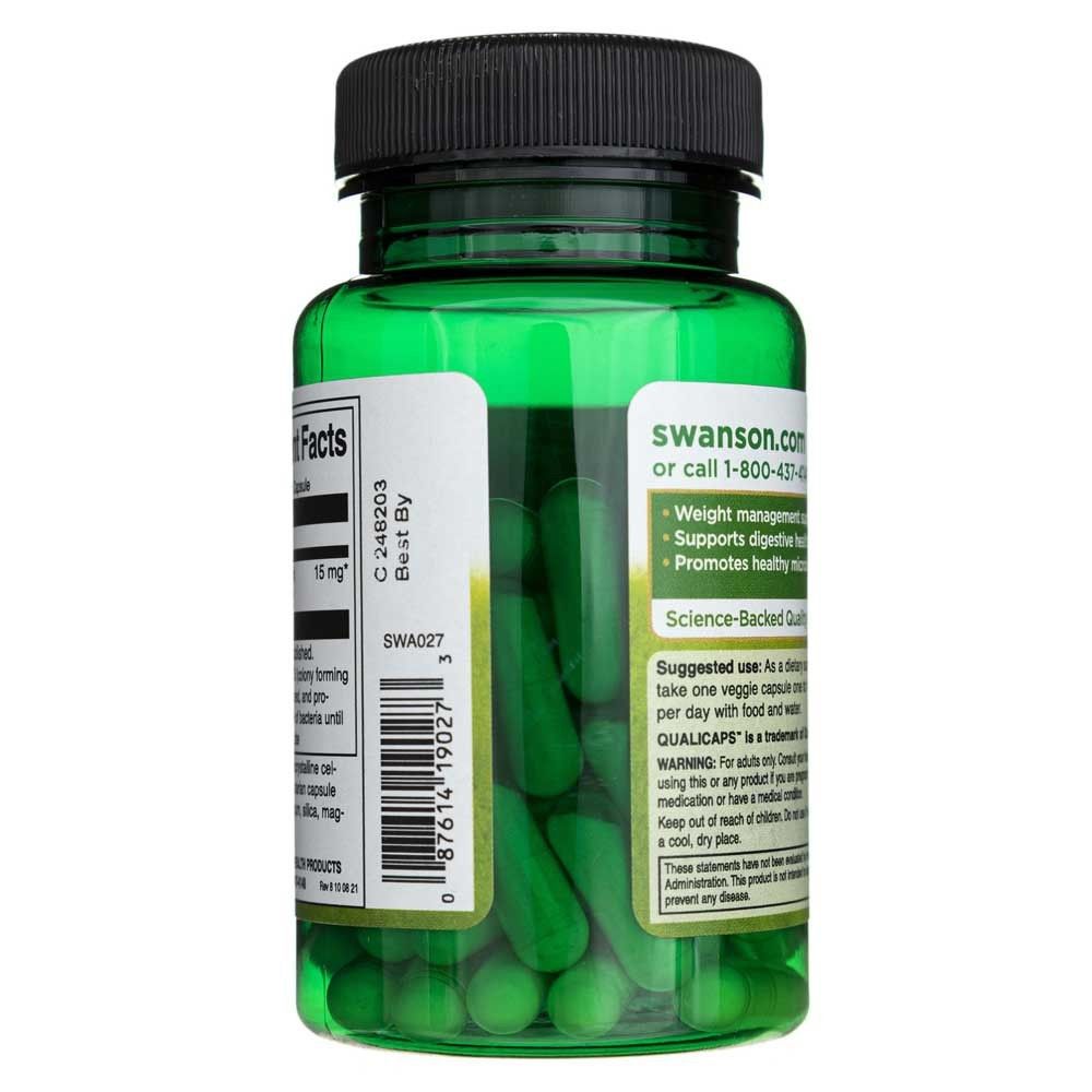 Vista laterale di un flacone verde di Swanson Lactobacillus Gasseri con capsule visibili.