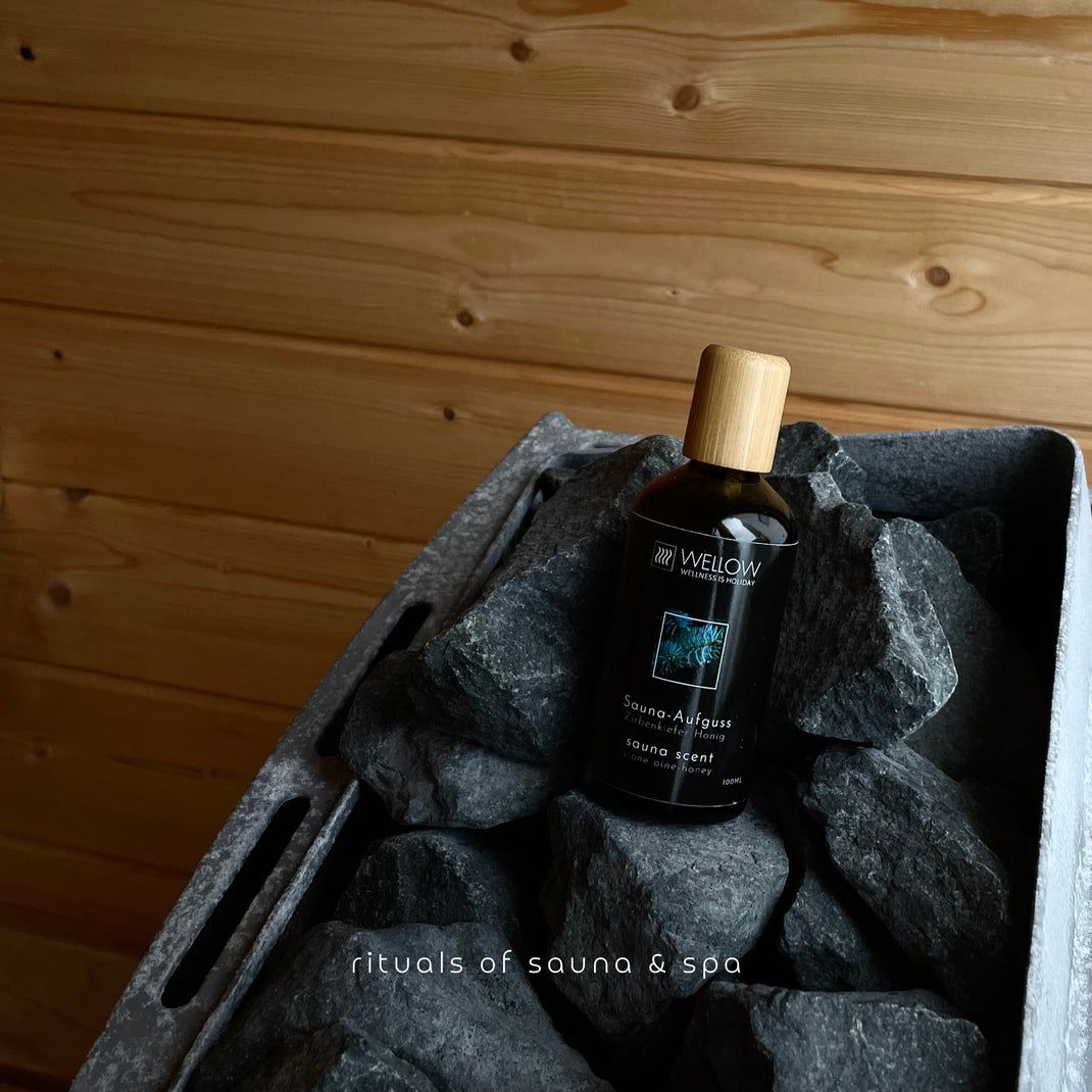 Una bottiglia con tappo in legno su pietre in una stufa per sauna. Scritta: Wellow, Saunaaufguss, Sauna Scent. Testo: rituals of sauna & spa.