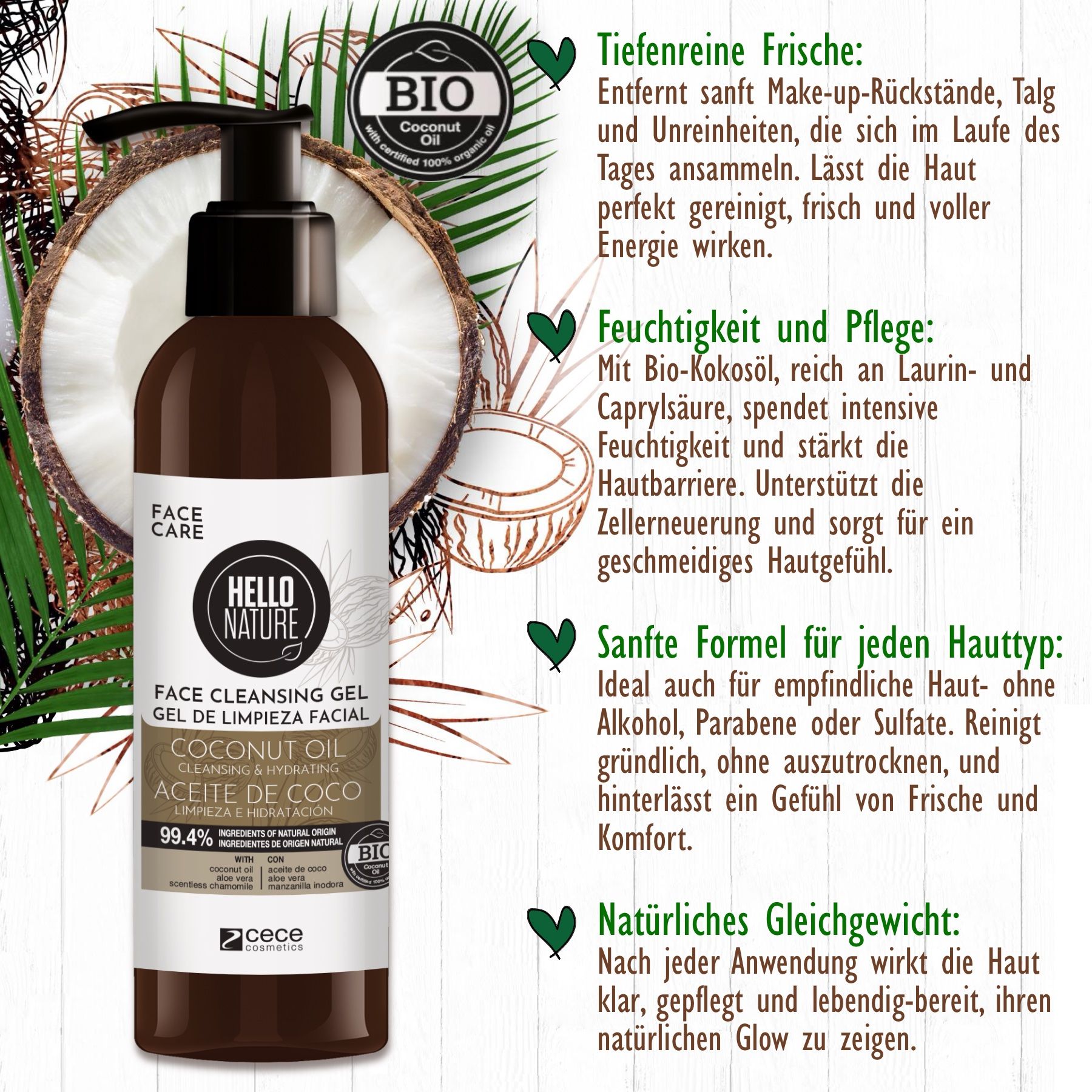 Gel detergente viso con olio di cocco. Flacone marrone con dosatore. Logo Hello Nature. Metà cocco. Sigillo bio.