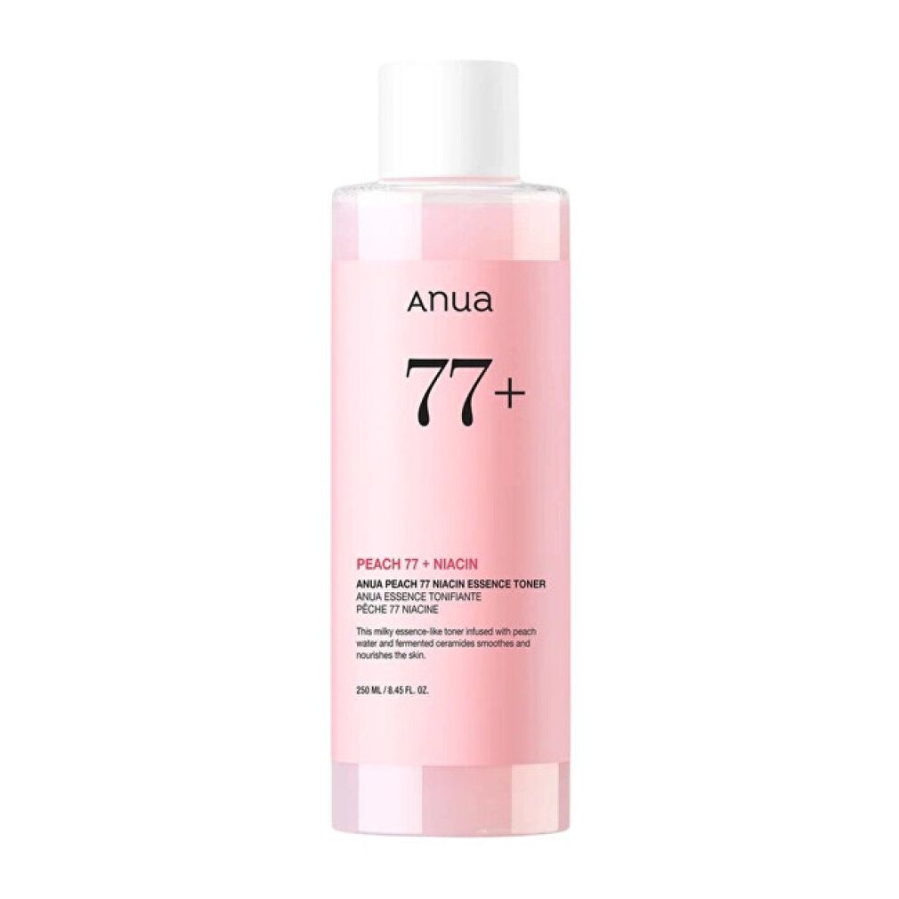 Anua Peach 77+ Niacin Essence Toner in una bottiglia trasparente con tappo bianco.