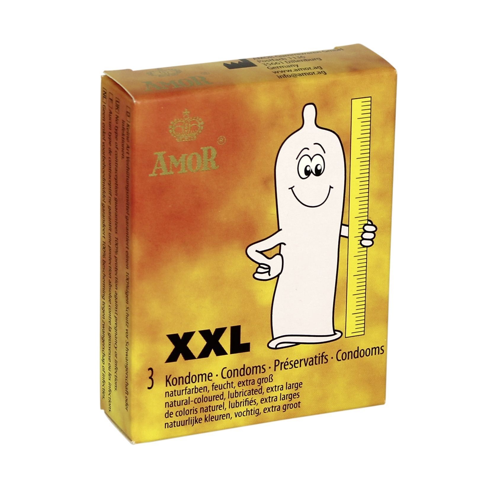 Confezione di preservativi AMOR XXL, 3 pezzi. Illustrazione di un profilattico con righello.