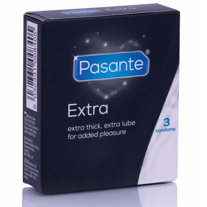 Confezione da 3 preservativi Pasante Extra, extra spessi e extra lubrificati.