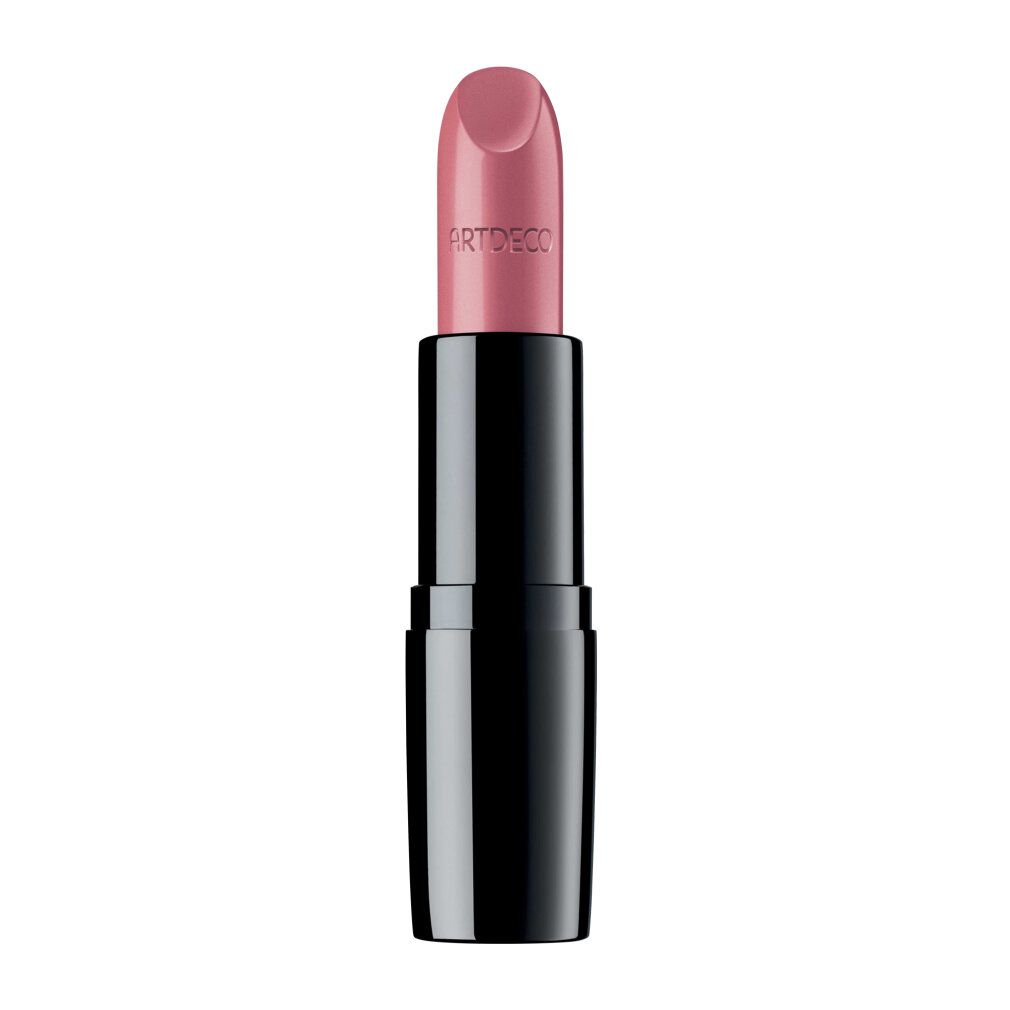 Rossetto Artdeco Perfect Color. Rosa in astuccio nero. Nome del prodotto visibile.